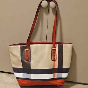 Stylish Beige and Red Checkered Tote Bag